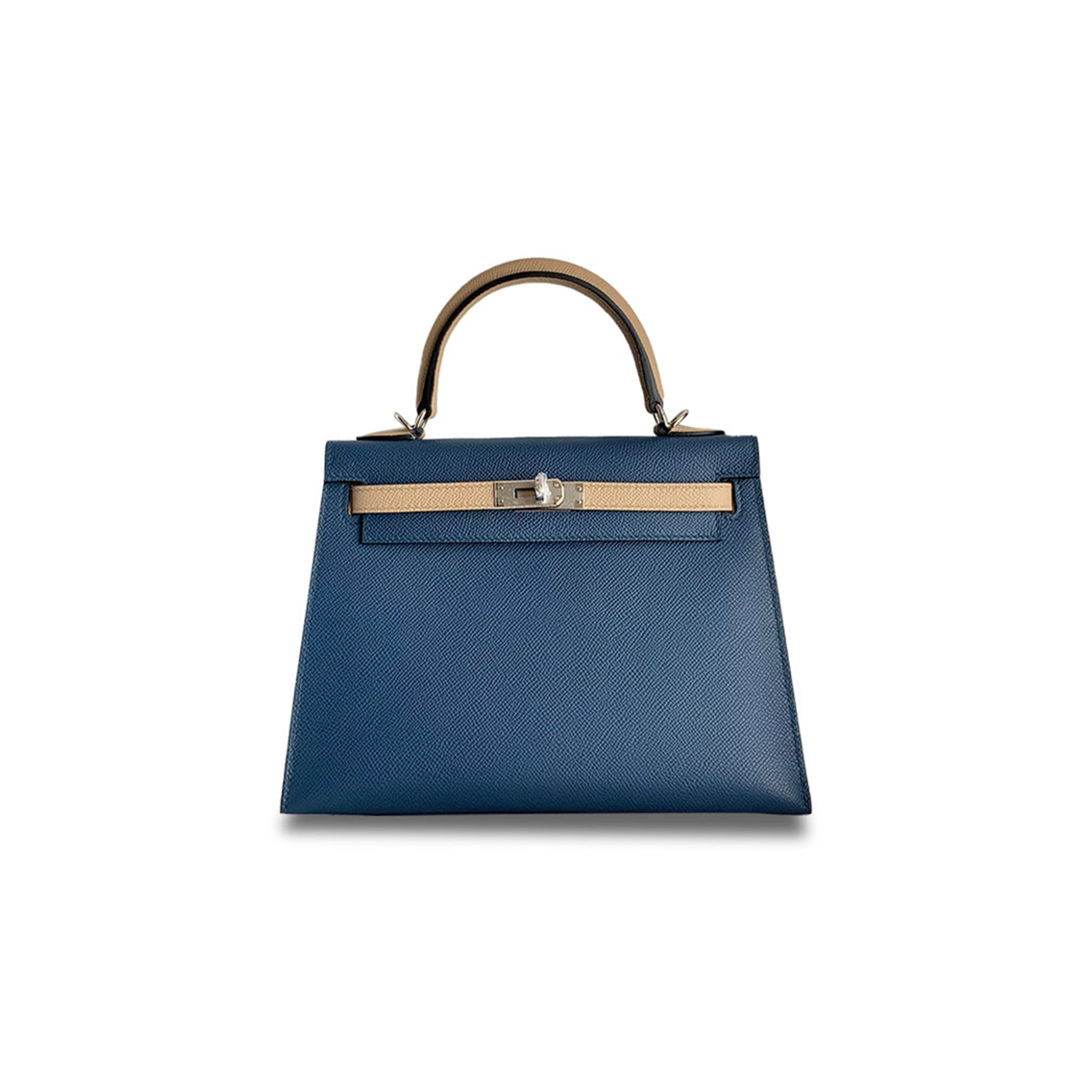 HERMÈS MASTER KELLY 25 EPSOM DARK BLUE WINDBREAKER GRAY SILVER BUCKLE (25*17*7cm)